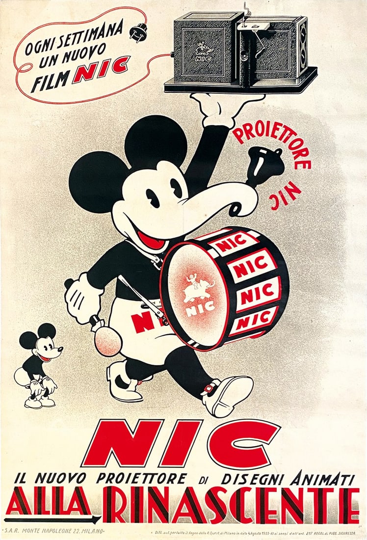 Manifesto Nic Topolino Rinascente: Manifesto Nic Topolino Promozionale Rinascente. Affisso litografico prodotto per la S.A.R. di Via Monte Napoleone 22, Milano, aut. 4 agosto 1933. Cm 100x70. Telato. Ottimo stato. ENG