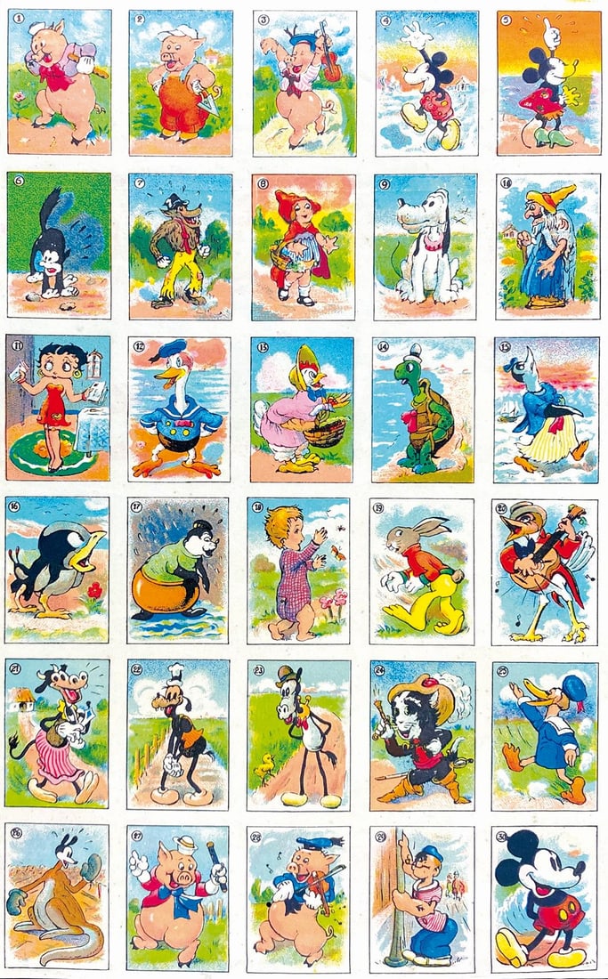 Foglio Figurine Disney Anni Trenta: Serie di trenta figurine ancora in foglio di stampa, cm 24x15. Eccellente stato. ENG