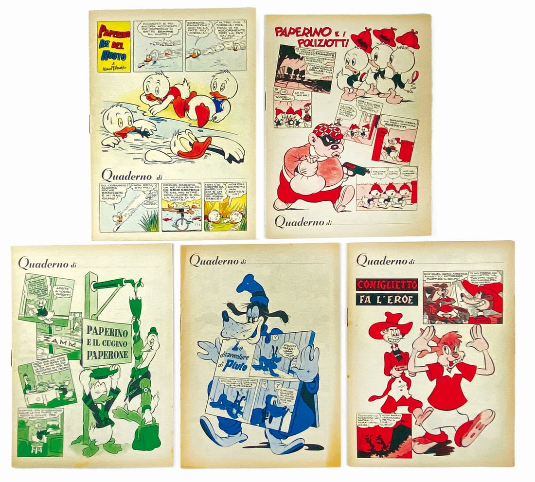 Paperino e i Poliziotti e Altri Quaderni: Lotto composto da cinque quaderni, Cartiere Burgo per Mondadori, 1950. Spillati, cm 20x14,5. Nuovi. ENG