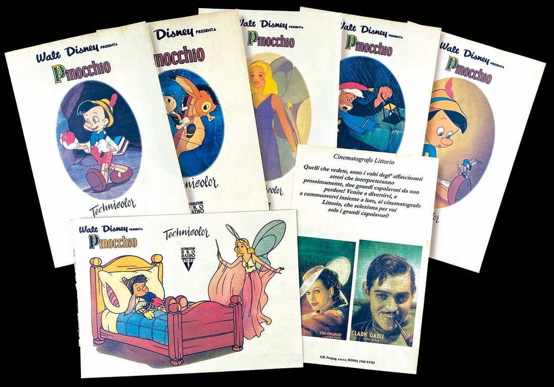 Walt Disney Presenta Pinocchio: Per Voi!: Walt Disney Presenta Pinocchio Technicolor: Per Voi Balilla! Busta promozionale datata 1940. Cm 28x20. Completa di sei litografie, di cui cinque promozionali per il film di Pinocchio, e una promoziona