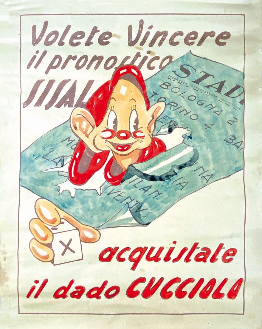 Concorso Sisal Dado Cucciolo: Manifesto promozionale primo dopoguerra, cm 42x34. Arrotolato, esente da pieghe. Buono stato. ENG