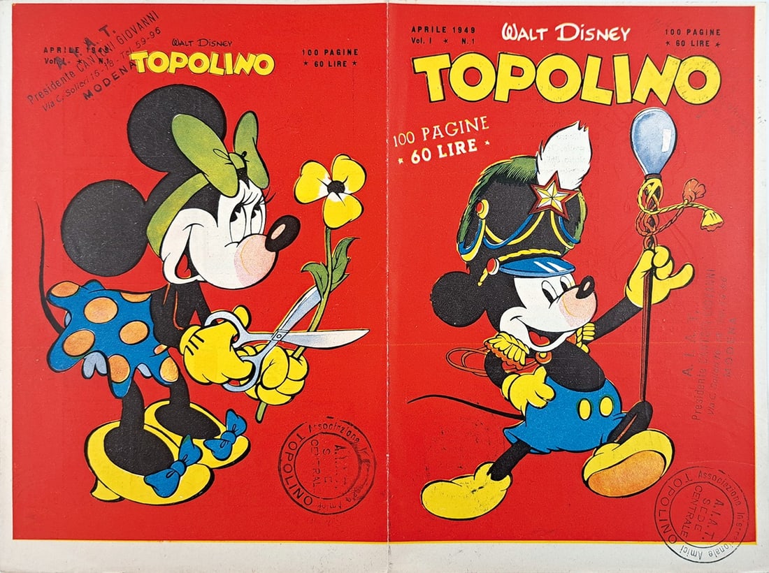 Topolino n.1 Copertina in prova di stampa: Foglio di stampa con la copertina fronte-retro del primo numero di Topolino Libretto destinata all'Associazione Internazionale “Amici di Topolino” di Modena. Cm 20x27. Piegatura centrale, anco