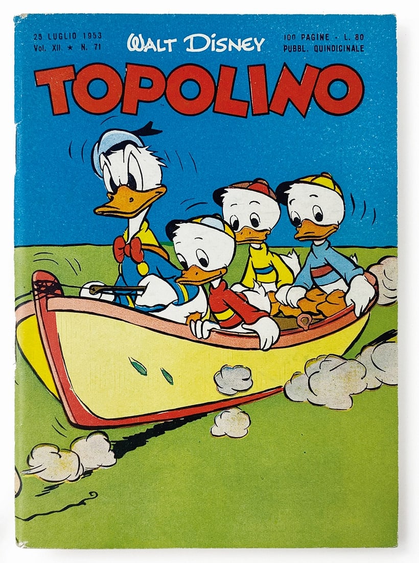 Topolino Libretto n. 71: Mondadori, 25 luglio 1953. Spillato cm 18x12,5 circa. Nuovissimo: copertina con patina intatta, pinzette brillanti, minimo accenno di scriminatura bianca al dorso, consuete scalfitture da taglierina a