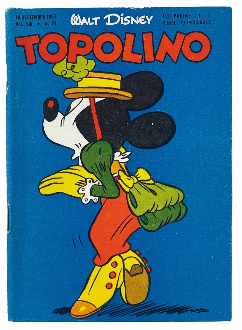 Topolino Libretto n. 74: Mondadori, 10 settembre 1953. Spillato cm 18x12,5 circa. Nuovo: copertina con patina intatta, pinzette brillanti, minimo accenno di scriminatura bianca al dorso, dorso lievemente “slittato”. I