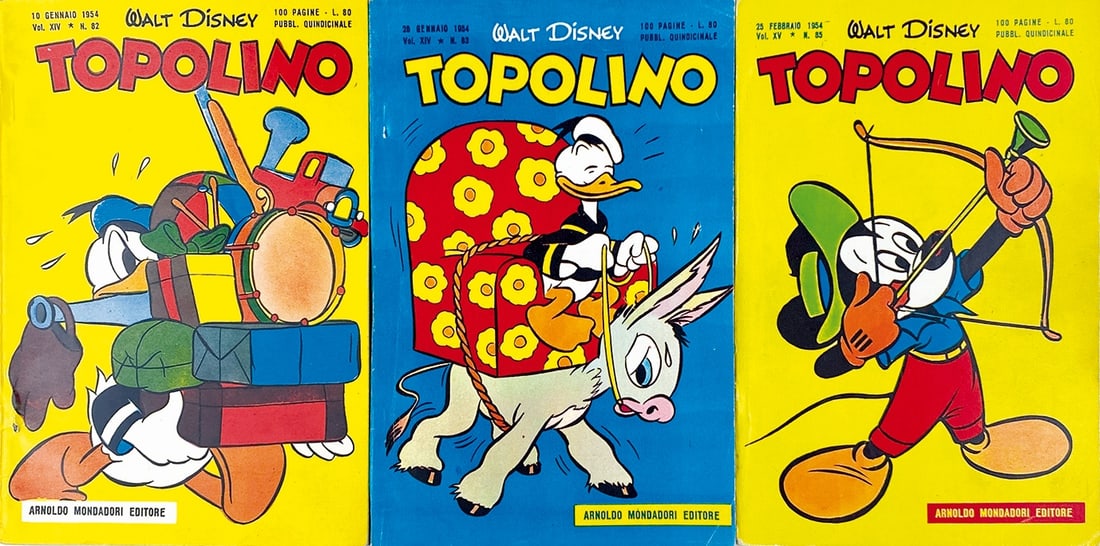 Topolino Libretto nn. 82; 83; 85: Mondadori, gennaio-febbraio 1954. Brossura con spillatura interna cm 18x12,5 circa. Nuovissimi: n. 82 pinzetta inferiore affiorante, piccola abrasione copertina posteriore. N. 83 pinzetta superiore pa