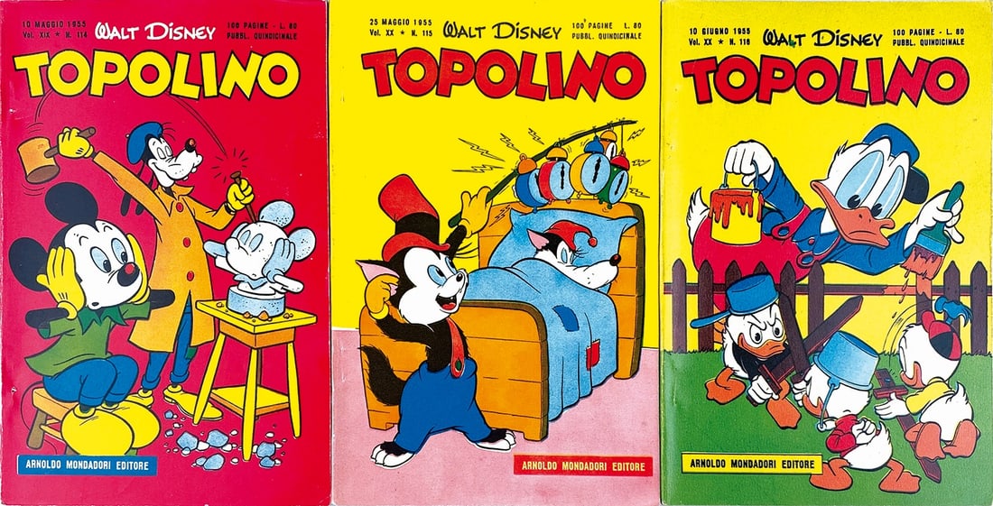 Topolino Libretto nn. 114; 115; 116: Mondadori, maggio-giugno 1955. Brossura con spillatura interna cm 18x12,5 circa. Copertine lisce e con bella patina. N. 114 nuovo, con pinzette parzialmente affioranti e accenno di scriminatura bianca