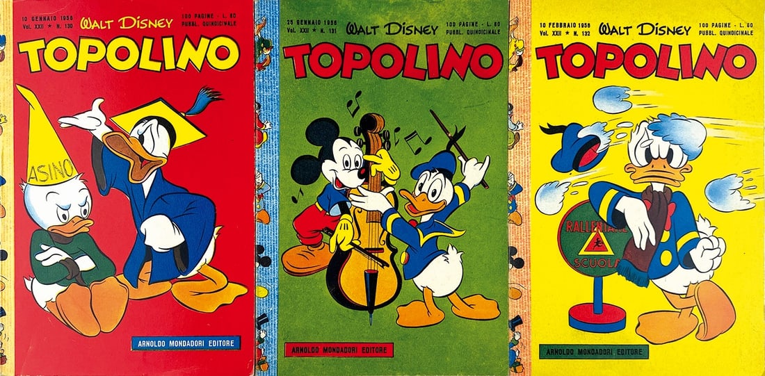 Topolino Libretto nn. 130; 131; 132: Mondadori, gennaio-febbraio 1956. Brossura cm 18,2x12,5. N. 130 nuovissimo, lievi segni da pressione marginali. N. 131 edicola. Due striature da stampa alla copertina posteriore. N. 132 nuovissimo/edi