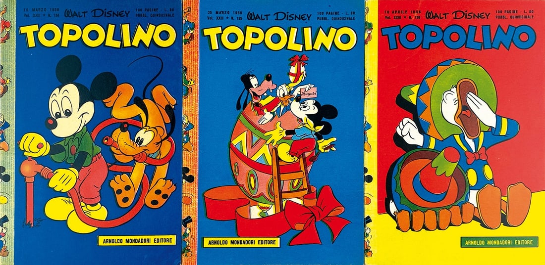 Topolino Libretto nn. 134; 135; 136: Mondadori, marzo-aprile 1956. Brossura cm 18,2x12,5. Nuovissimi/edicola. N. 136 con lieve segno da pressione alla copertina posteriore. Dorsi squadrati. Interni eccellenti, completi di bollini e gioch
