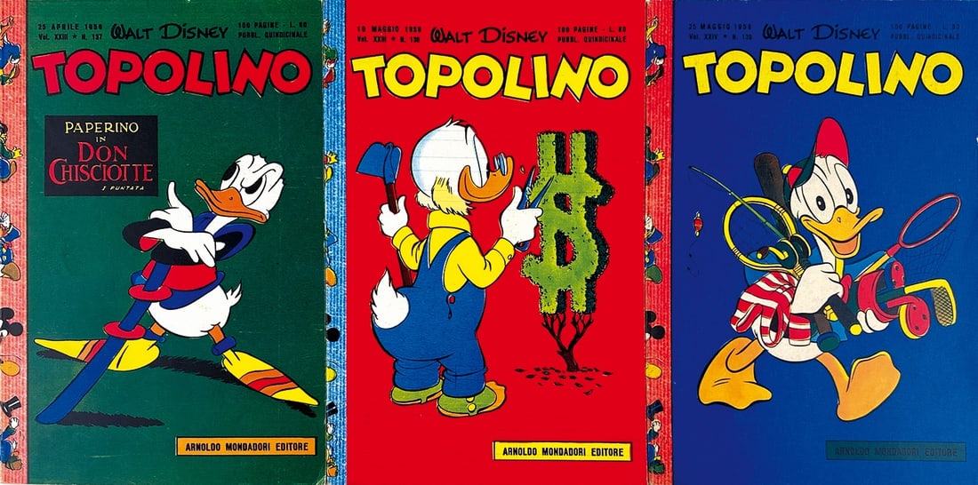 Topolino Libretto nn. 137; 138; 139: Mondadori, aprile-maggio 1956. Brossura cm 18,2x12,5. Nuovissimi/edicola. N. 137 con minimo segno da pressione all'angolo inferiore destro. Dorsi squadrati. Interni eccellenti, completi di bollini e g