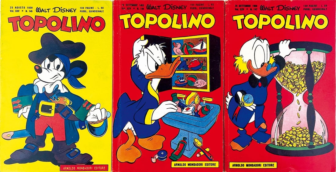 Topolino Libretto nn. 145; 146; 147: Mondadori, agosto-settembre 1956. Cambio di veste editoriale. Brossura con dorso colorato cm 18,7x12,3. Nuovissimi: n. 145 lievi striature copertina posteriore, nn. 146 e 147 lieve piega d'apertura e