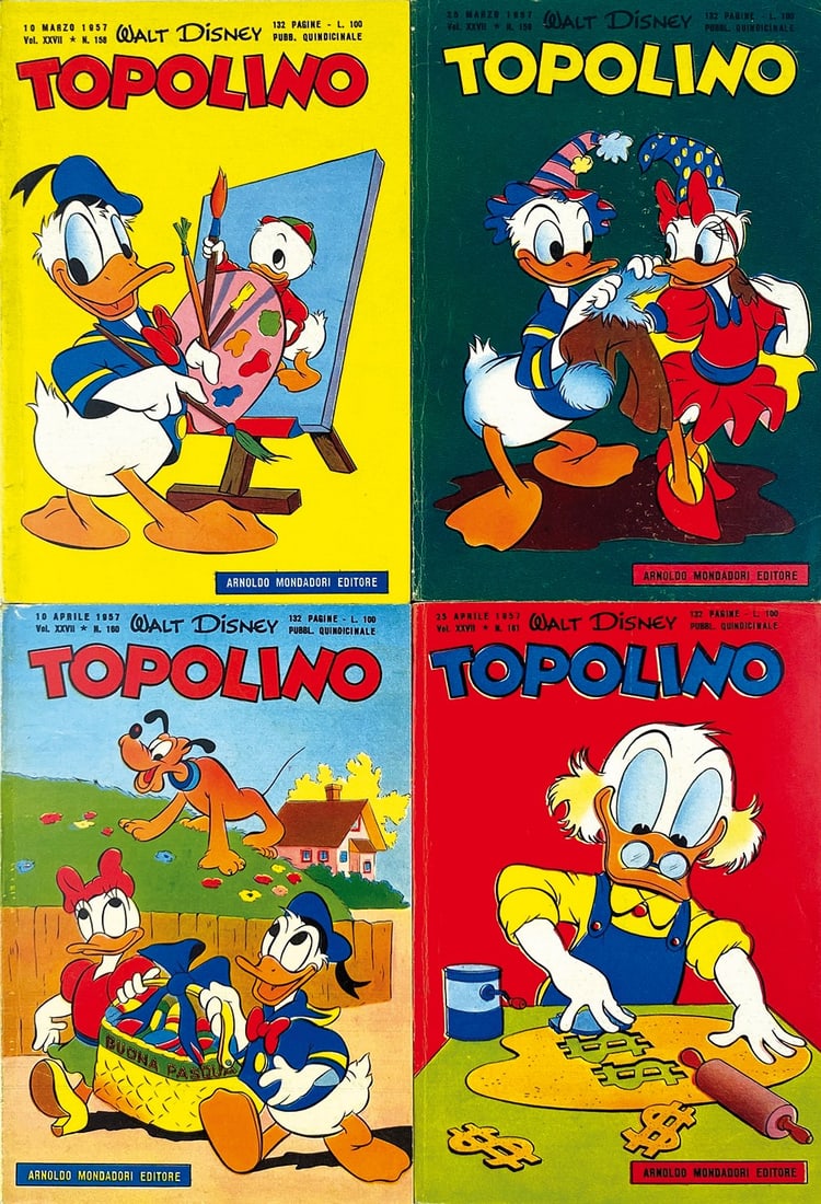 Topolino Libretto nn. 158 a 161: Mondadori, marzo-aprile 1957. Brossura cm 18,7x12,3. Nuovissimi: n. 158, 159, 160, 161 con accenno di piega d'apertura peraltro albi freschi. Interni eccellenti, completi di bollini e giochi non gioca