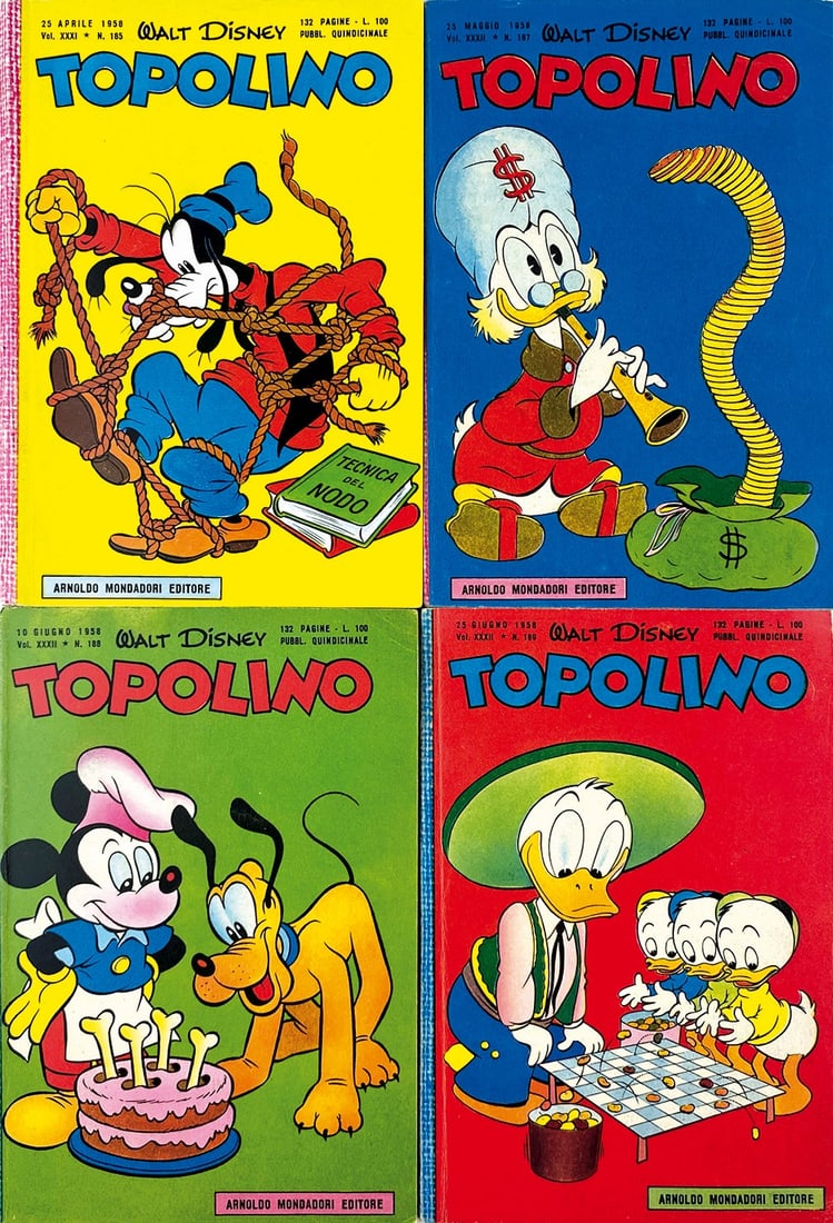Topolino Libretto da n. 185 a 189: Mondadori, aprile-giugno 1958. Brossura cm 18,7x12,3. N. 185 nuovo con dorso "slittato", n. 186, 187, 188, 189 pressoche' nuovi con piega d'apertura e minimi segni da pressione, n. 189 con una piega a