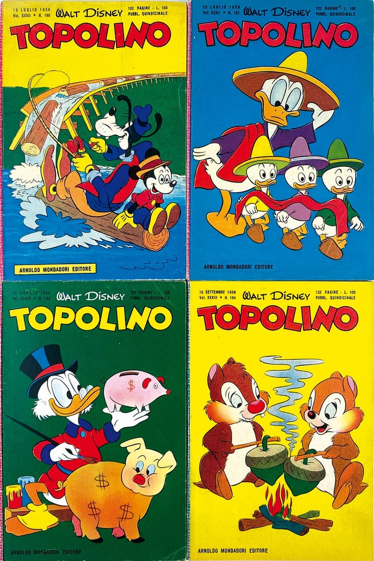 Topolino Libretto da n. 190 a 194: Mondadori, luglio-settembre 1958. Brossura cm 18,7x12,3. Nuovissimi, edicola: nn. 192 e 193 con minimi segni da contatto. Interni eccellenti, completi di bollini e giochi non giocati. Esenti da restau