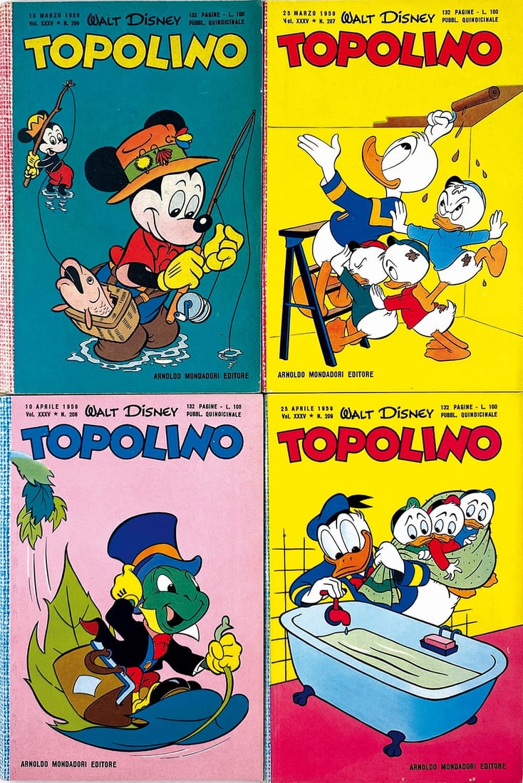 Topolino Libretto da n. 206 a 209: Mondadori, marzo-aprile 1959. Brossura cm 18,7x12,3. N. 206 nuovissimo dorso lievemente “slittato”, n. 207 edicola, n. 208, 209 edicola con dorso “slittato”. Interni eccellenti, comple