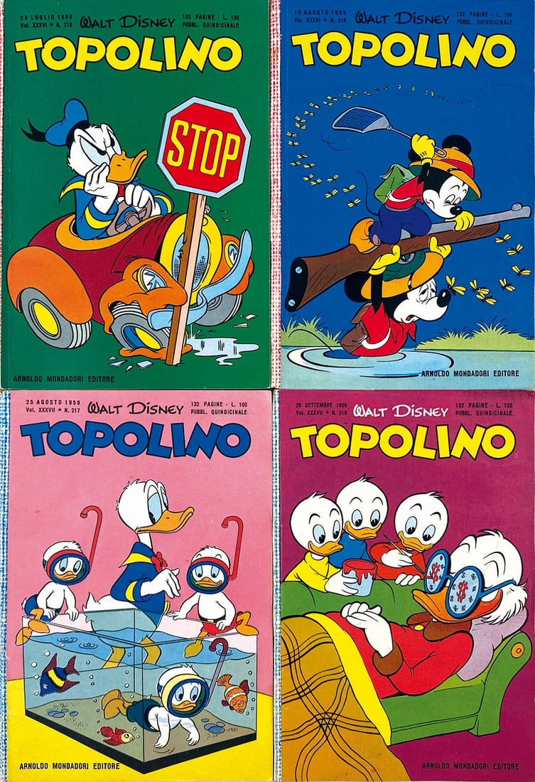 Topolino Libretto da n. 215 a 219: Mondadori, luglio-settembre 1959. Brossura cm 18,7x12,3. Nn. 215, 216 nuovissimi con lieve segno d'apertura, da n. 217 a 219 edicola. Interni eccellenti, completi di bollini e giochi non giocati. Esen