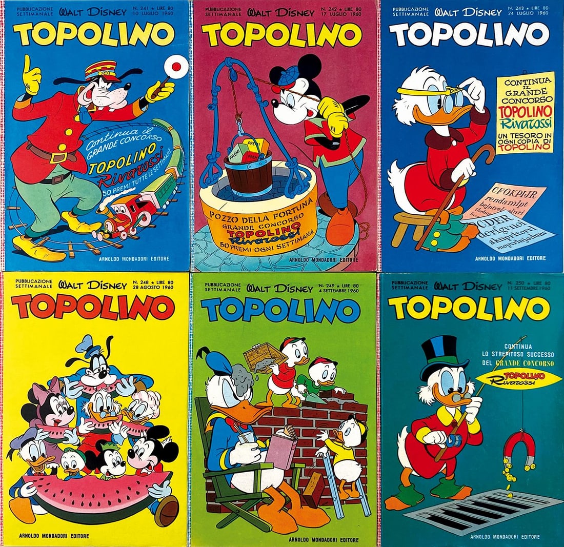 Topolino Libretto da n. 241 a 250: Mondadori, luglio-settembre 1960. Brossura cm 18,8x12,5. Edicola: n. 250 lieve segno di reggetta alla copertina posteriore. Interni eccellenti, completi di bollini e giochi non giocati. Non sono prese