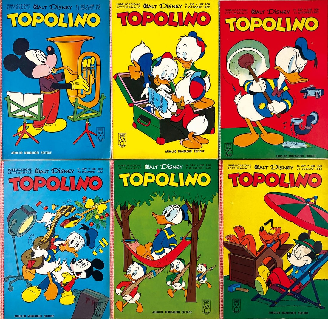 Topolino Libretto da n. 350 a 399: Sequenza di 50 albi. Mondadori, agosto 1962-luglio 1963. Brossura cm 18,8x12,5. Nuovissimi, edicola, unico minimo segno riscontrato n. 389 con segno da pressione. Interni eccellenti, completi di bolli