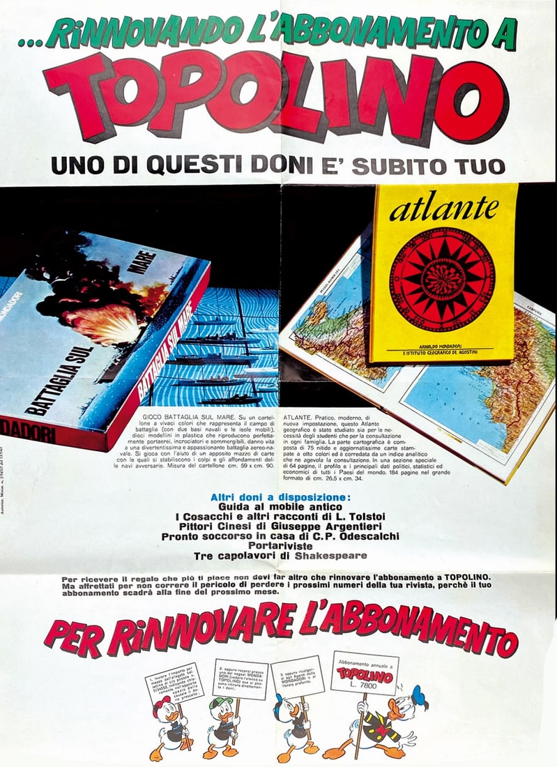 Il Gioco del Si Vince Sempre abbonati: Il Gioco del "Si Vince Sempre" Gioco abbonati a Topolino. Programma abbonamenti Mondadori, 1967-1968. Manifesto con gioco di percorso “Tutti intorno al Tavolo!”. Al retro premi riservati agli