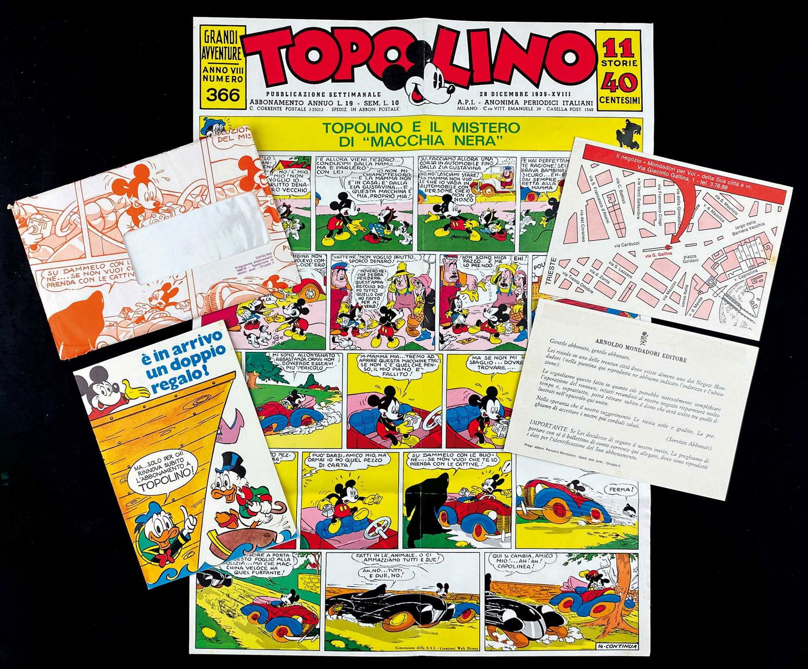 Busta E' in Arrivo un Doppio Regalo: Busta Promozionale "E' in Arrivo un Doppio Regalo". Mondadori, campagna abbonamenti 1968-1969. Busta con finestra contenente lettera abbonati, cartoncino promozionale “Trilogia di Topolino”, m