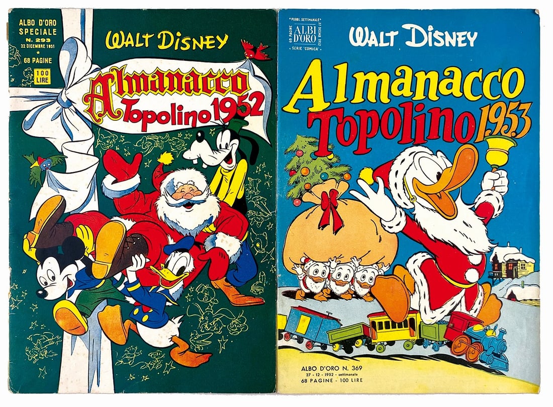 Almanacco Topolino 1952-1953: Coppia di albi d'oro speciali, prima serie, Mondadori. N. 293 dicembre 1951: ottimo stato, mancante piccolo frammento angolo copertina posteriore. Almanacco n. 369. Nuovo. ENG