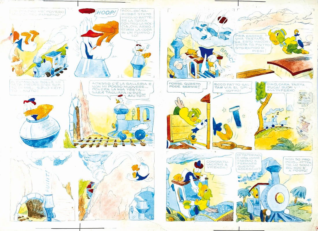 Prova di Stampa Albo d'oro: Coppia di prove di stampa per albo d'oro prima serie, 1948-1949. Per storie su disegni di Caesar, Guido Ventura di Ritt & Gray e Paperino e i Tre Caballeros. Cartoncino fronte-retro, cm 34,5x24. ENG