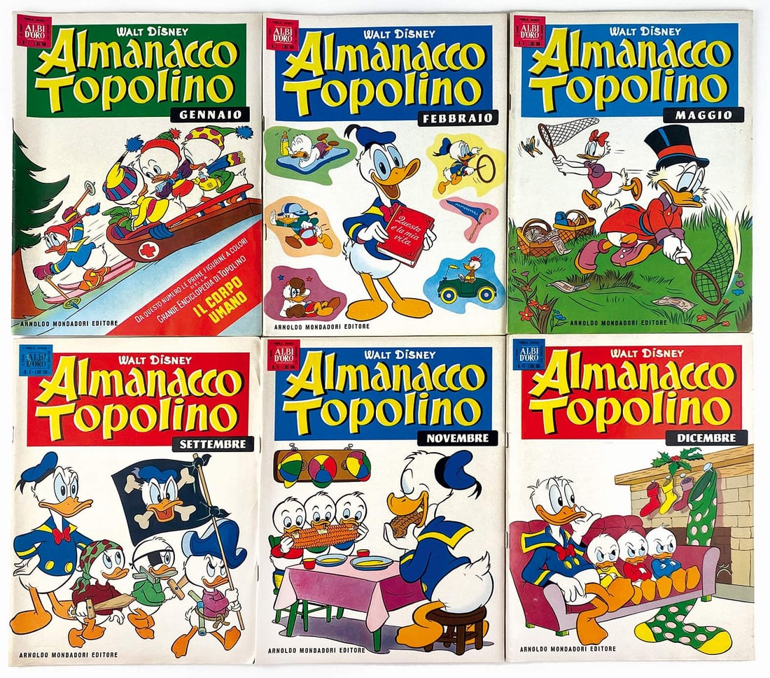 Almanacco di Topolino 1961 completa: Mondadori. Spillati cm 25,5x19. Serie completa da n. 1 a 12. Edicola (ad eccezione del n. 7 in condizioni mediocri): i restanti carta bianca, copertina liscia, interni eccellenti, cruciverba non gioca