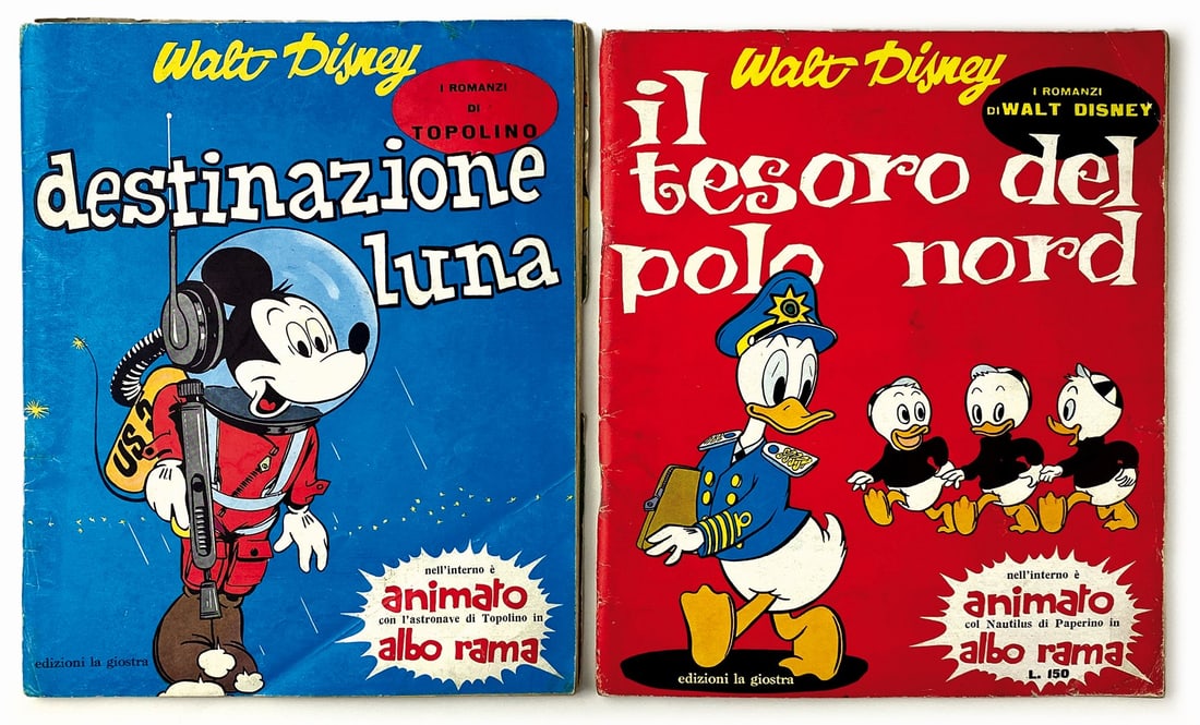 I Romanzi di Walt Disney: Serie completa composta da due albi con animazioni, ed. La Giostra, 1959. Spillati cm 25x20. “Topolino Destinazione Luna” e “Paperino Il tesoro del Polo Nord”. Buono stato, completi de