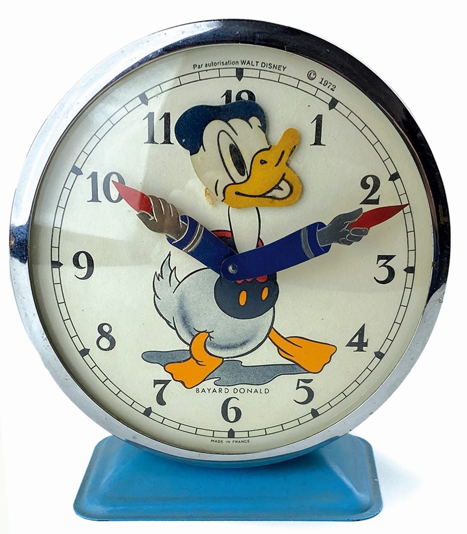 Donald Duck Bayard: Sveglia prodotta in Francia, 1972, distribuita in Italia da Gioielleria Urbinati, Rimini. Altezza cm 12,5. Meccanismo da revisionare. Ottimo stato. ENG
