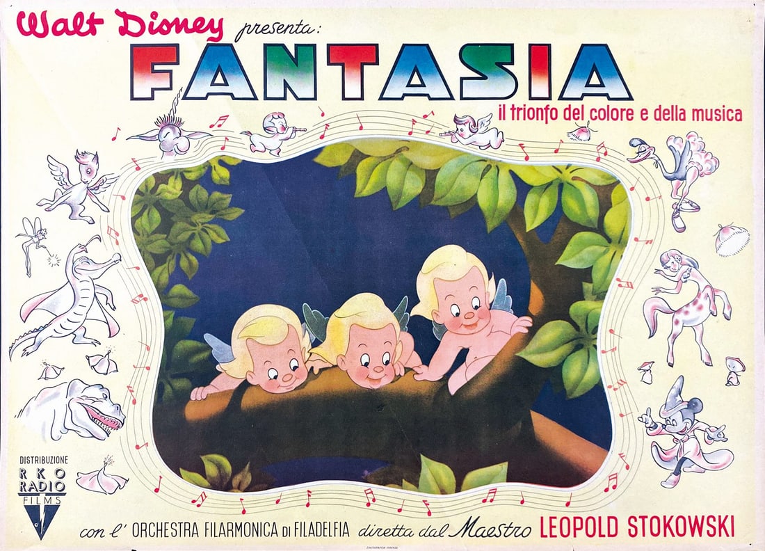 Walt Disney Presenta Fantasia: gli Amorini: Fotobusta in prima edizione italiana del 1946. Impressa da Zincografica Firenze. Offset; cm 35x50 circa. Qualita' A-: lievissima piega trasversale, minuscoli fori d'affissione peraltro eccellente stat