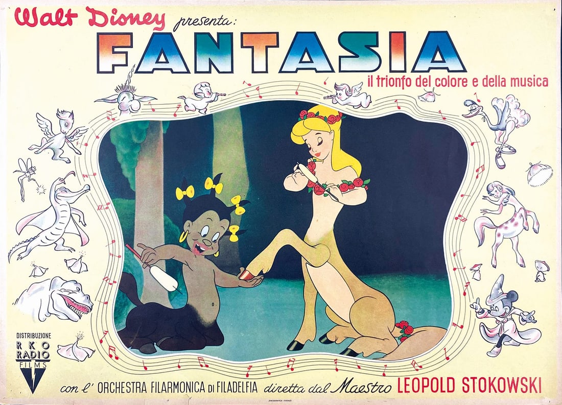 Walt Disney Presenta Fantasia: la Centauretta: Fotobusta in prima edizione italiana, non datata ma 1946. Impressa da Zincografica Firenze. Offset; cm 35x50 circa. Qualita' A: minimi strappetti all'angolo basso e minuscoli fori d'affissione. ENG