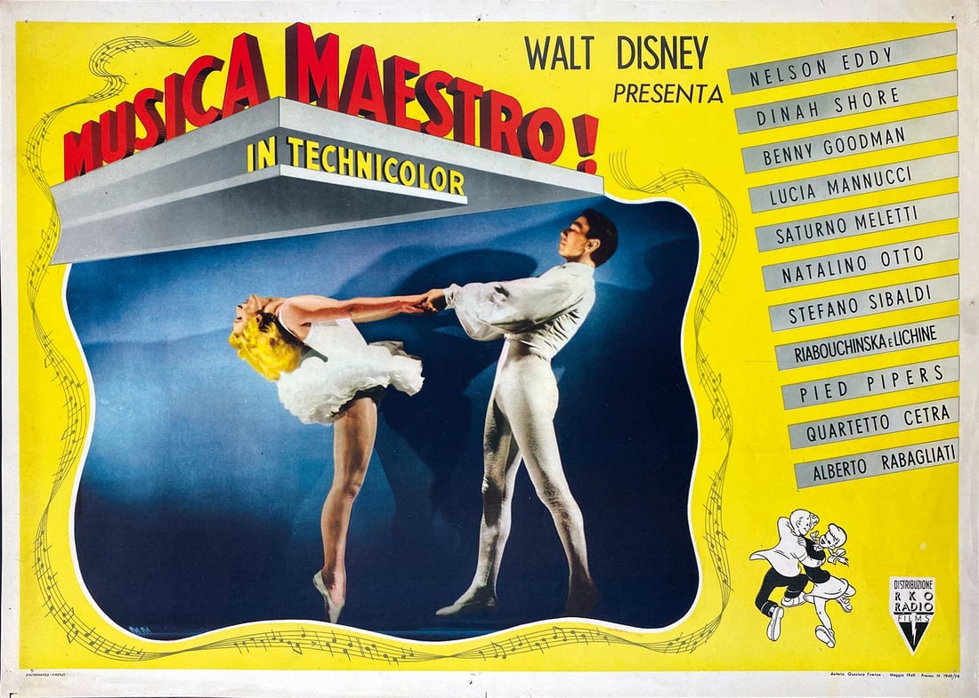 Musica Maestro: Fotobusta in prima edizione italiana, maggio 1949. Impressa da Zincografica Firenze. Offset; cm 35x50 circa. Qualita' A. Minuscoli fori d'affissione ai margini peraltro eccellente stato. ENG