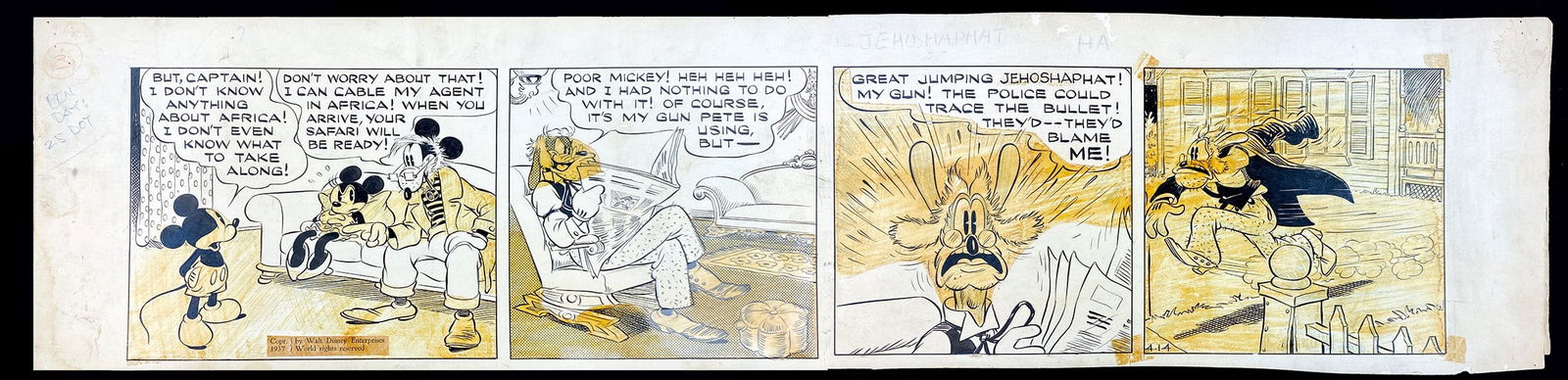 GOTTFREDSON - Search of Jungle Treasure: FLOYD GOTTFREDSON - Mickey Mouse: In Search of Jungle Treasure. Daily strip originale pubblicata il 14 aprile 1937. Matita, china e retino su cartoncino, cm 17x74. Retino assente, consuete ingiallitur