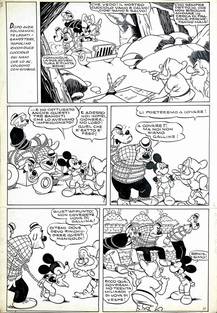 BIOLETTO - Topolino i Grilli Atomici: ANGELO BIOLETTO; GUIDO MARTINA - Topolino e i Grilli Atomici. Undicesima tavola originale pubblicata in Topolino Libretto n. 15, Mondadori, 1950. Matita e china su cartoncino, cm 35,5x24. Eccellente s