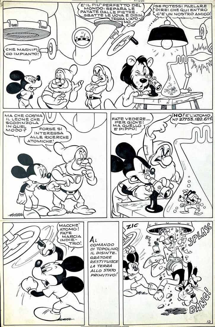 BIOLETTO - Topolino i Grilli Atomici: ANGELO BIOLETTO; GUIDO MARTINA - Topolino e i Grilli Atomici. Dodicesima tavola originale pubblicata in Topolino Libretto n. 15, Mondadori, 1950. Matita e china su cartoncino, cm 35,5x24. Eccellente s