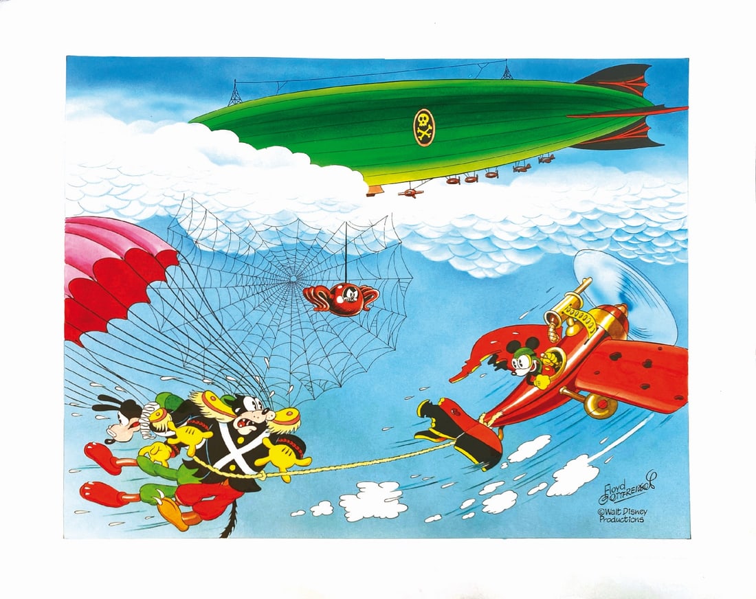 BRUNA - Topolino e il Ragno Nero: Grande illustrazione pittorica. Tecnica mista su cartoncino, cm 49x62. Non datata ma anni '80. Eccellente stato. ENG Great-sized pictorial illustration. Mixed media on thin cardboard, cm 49x62. Not da