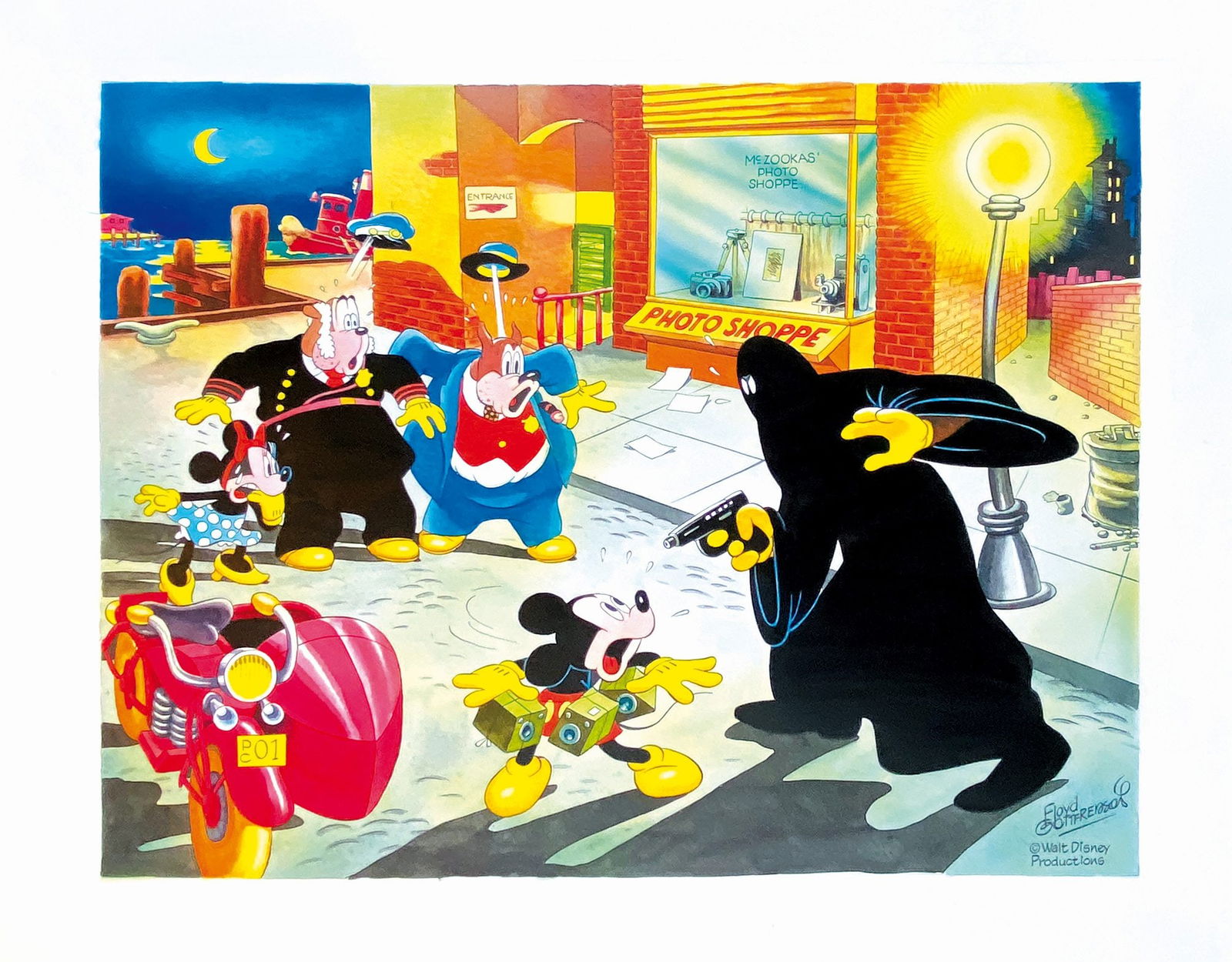 BRUNA - Il Mistero di Macchia Nera: FRANCO BRUNA - Topolino e il Mistero di Macchia Nera. Grande illustrazione pittorica dedicata a Gottfredson. Non datata ma fine anni '80. Tecnica mista su cartoncino, cm 50x62. Eccellente stato. ENG G