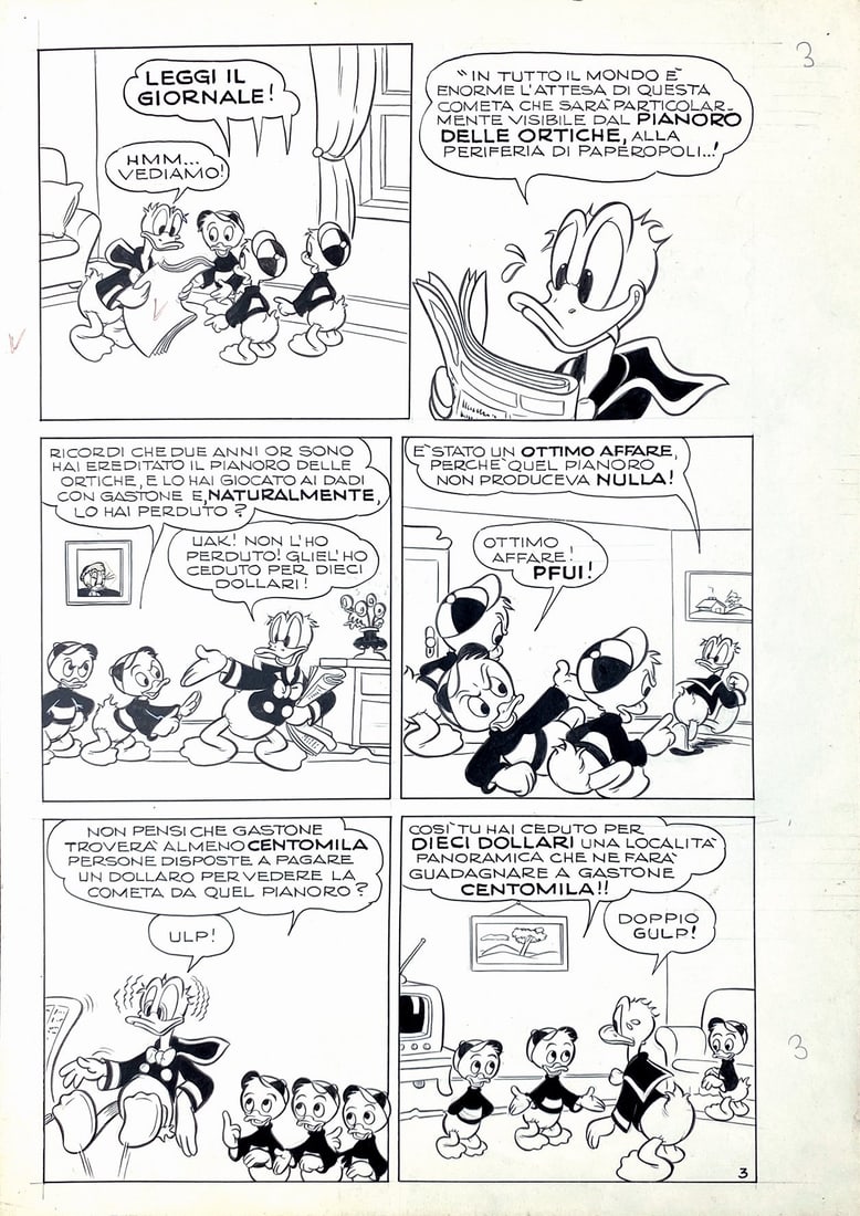 CAPITANIO - La Cometa della Fortuna: LUCIANO CAPITANIO - Paperino e la Cometa della Fortuna. Tavola originale n. 3 pubblicata in Topolino Libretto n. 161, Mondadori, 1957. Matita e china su cartoncino, cm 36,5x25,5. Non rimontata. Eccell