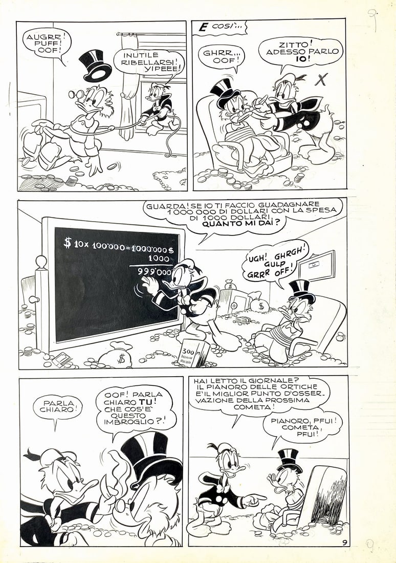 CAPITANIO - La Cometa della Fortuna: LUCIANO CAPITANIO - Paperino e la Cometa della Fortuna. Tavola originale n. 9 pubblicata in Topolino Libretto n. 161, Mondadori, 1957. Matita e china su cartoncino, cm 36,5x25,5. Non rimontata. Eccell