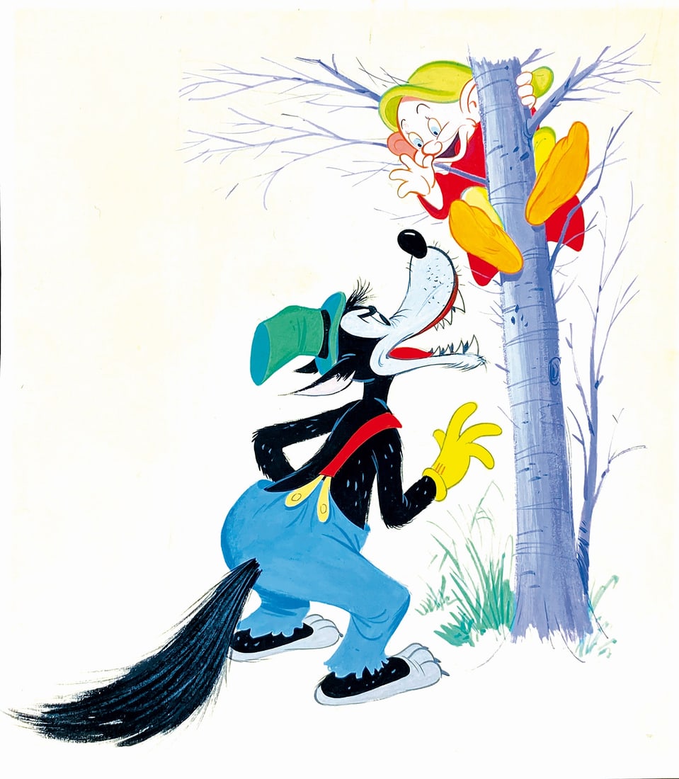 G. B. CARPI - Ezechiele il Lupo e Cucciolo: GIOVANNI BATTISTA CARPI - Ezechiele il Lupo e Cucciolo. Illustrazione per manuale Disney, non datata ma 1970 circa. China e acquerello su cartoncino, cm 20x17,5. Eccellente stato. ENG Illustration for