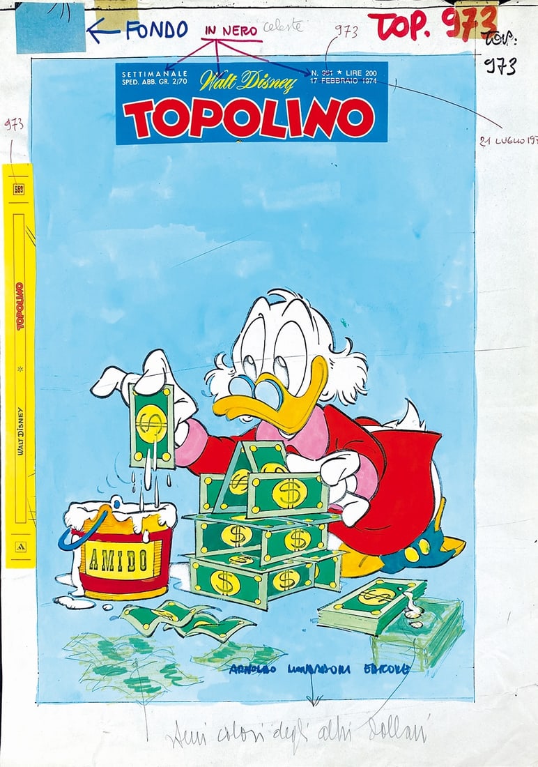 CAVAZZANO - Topolino 973 Prova di Stampa: GIORGIO CAVAZZANO - Topolino n. 973 Prova di Stampa. Prova colore del disegno di G. Cavazzano; cm 35x25. Piccolo strappetto al margine bianco destro peraltro buono stato. ENG Color proof of the drawin