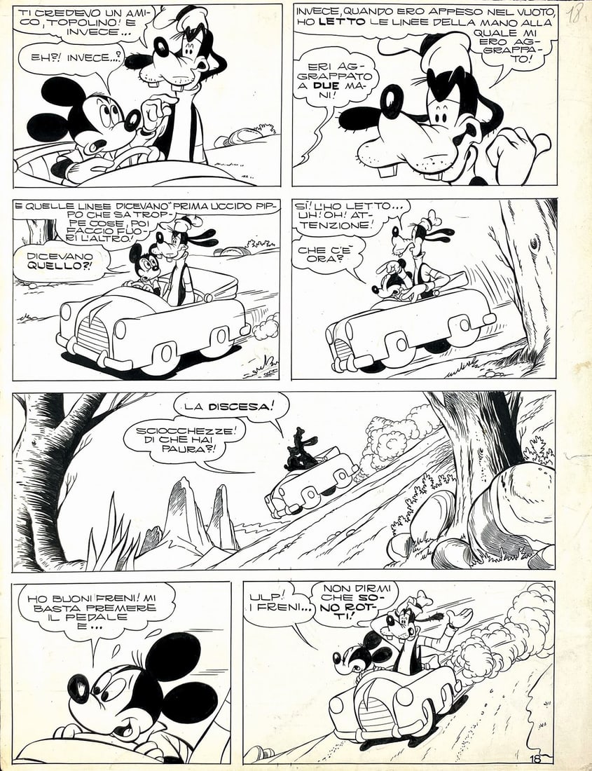 CHIERCHINI - Topolino e Pippo Chiromante: GIULIO CHIERCHINI - Topolino e Pippo Chiromante. Tavola originale n. 18 pubblicata in Almanacco Topolino, n. 10, ottobre 1957. Matita e china su cartoncino, cm 33,5x25,2. Uno strappetto al margine bia