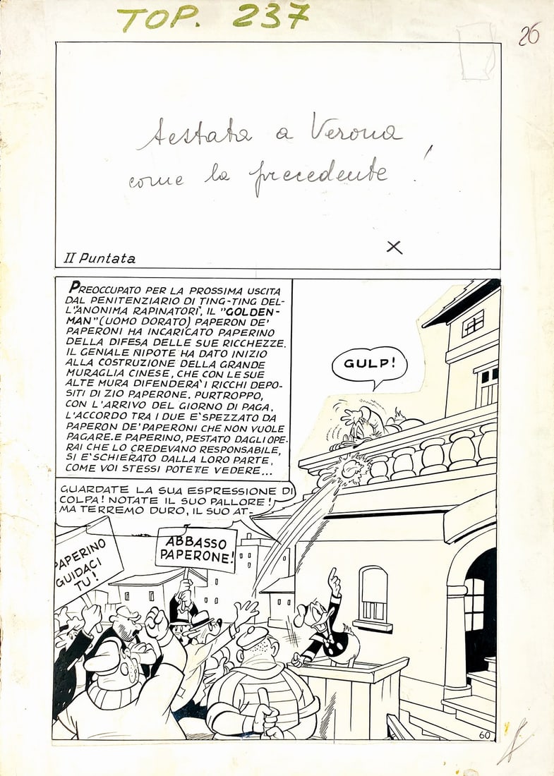 P.L. DE VITA - Paperino e la Muraglia: P.L. DE VITA; MISSAGLIA - Paperino e la Muraglia dei Diecimila Li. Tavola d'apertura per la seconda puntata, pubblicata a pag. 89 di Topolino Libretto n. 237, Mondadori, 1960. Matita e china su carton