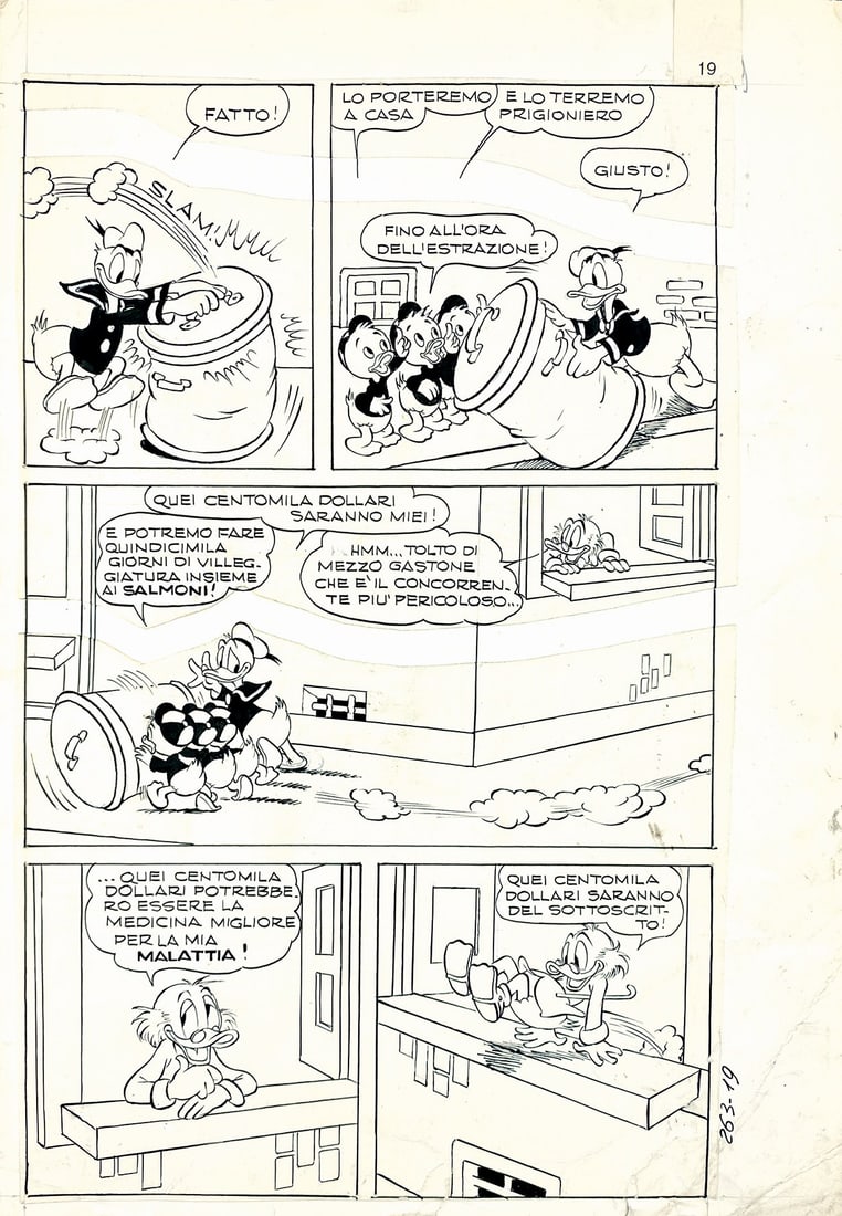 P.L. DE VITA - Paperino e la Bella: P.L. DE VITA; GUIDO MARTINA - Paperino e la Bella del Ballo. Tavola originale n. 19 pubblicata in Albi d'Oro, serie comica, n. 29, Mondadori, 1955, e quindi riedita in Albi della Rosa n. 263, 1959. Ma