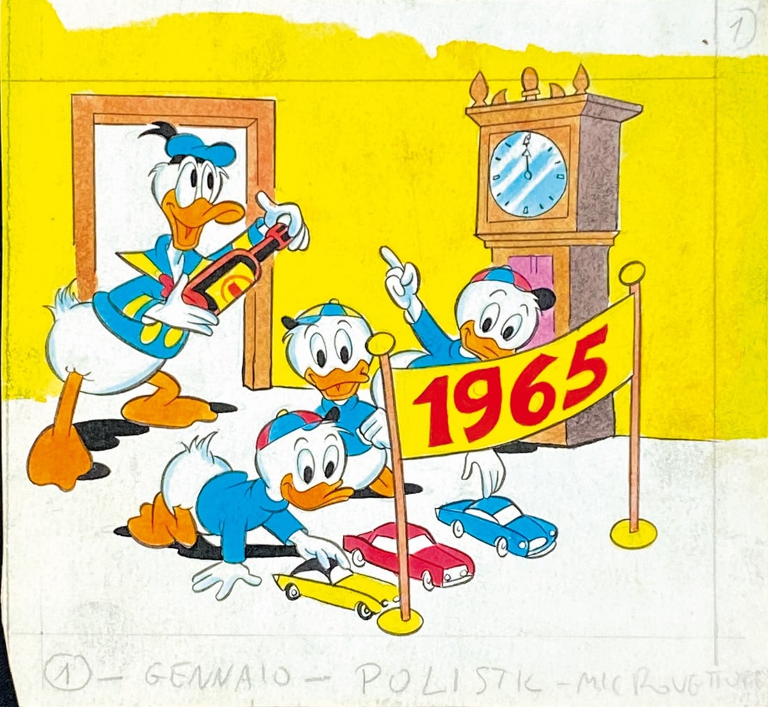 M. DE VITA - Paperino Polistil: MASSIMO DE VITA - Paperino Promozionale Polistil. Illustrazione originale per calendario promozionale Polistil, allegato a Topolino Libretto n. 475, Mondadori, 1965. China e acquerello su cartoncino,