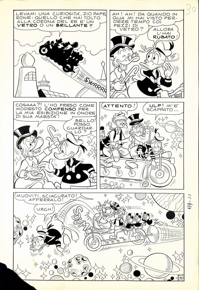 GATTO - Paperino e il Tandem Spaziale: LUCIANO GATTO - Paperino e il Tandem Spaziale. Tavola originale n. 30 pubblicata in Topolino libretto n. 479. Matita e china su cartoncino; cm 35x23,5. Area disegnata pressoche' intatta, mancanza ango