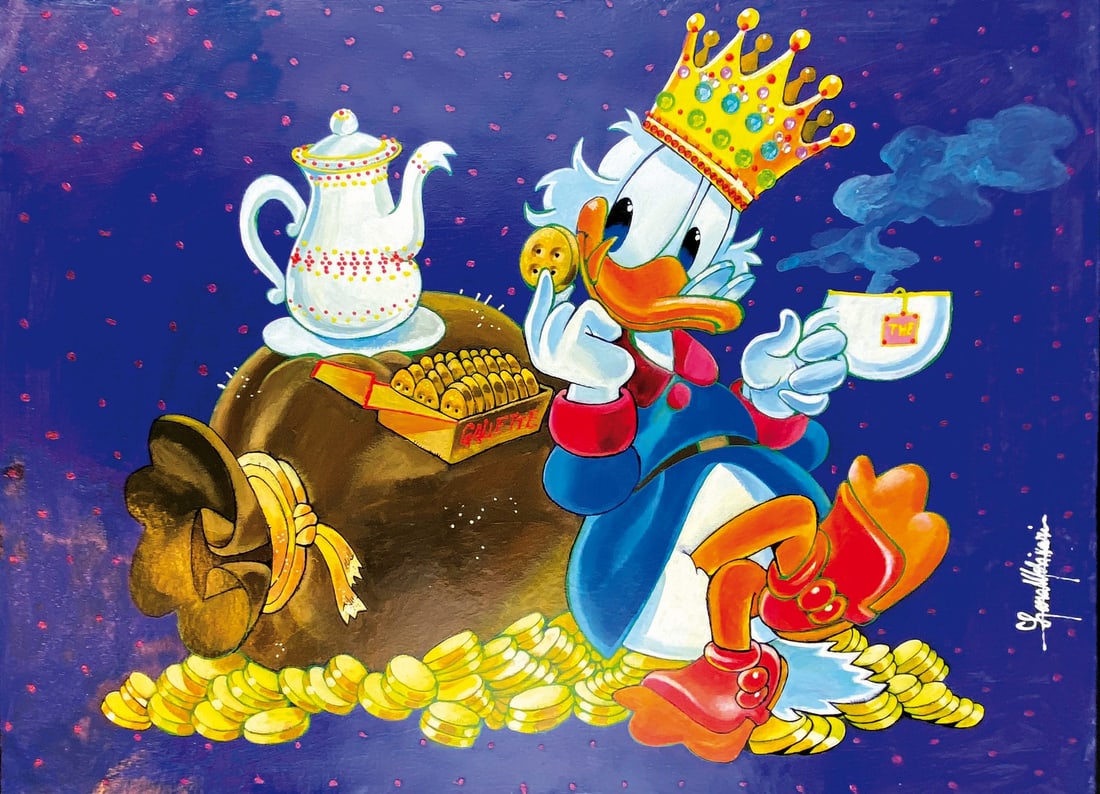 MOLINARI - Zio Paperone e l'ora del Te': LARA MOLINARI - Zio Paperone e l'ora del Te'. Grande illustrazione pittorica. Tecnica mista con collage di glitter su cartoncino; cm 50x70. Firmata. Non datato ma 2024. Eccellente stato. ENG Large pic