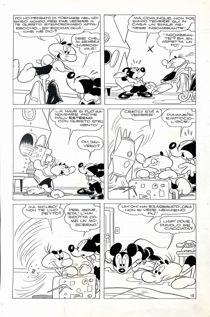 SCARPA - Top. e la Nave del Microcosmo: ROMANO SCARPA - Topolino e la Nave del Microcosmo. Tavola originale n. 12 per la storia scritta e disegnata da Scarpa; inchiostri di Luciano Gatto. Pubblicata in Topolino libretto n. 167, Mondadori, 1