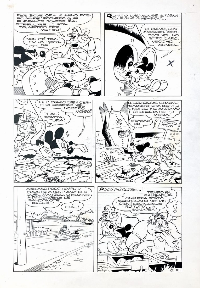 SCARPA - Top. e la Nave del Microcosmo: ROMANO SCARPA - Topolino e la Nave del Microcosmo. Tavola originale n. 21 per la storia scritta e disegnata da Scarpa; inchiostri di Luciano Gatto. Pubblicata in Topolino libretto n. 167, Mondadori, 1