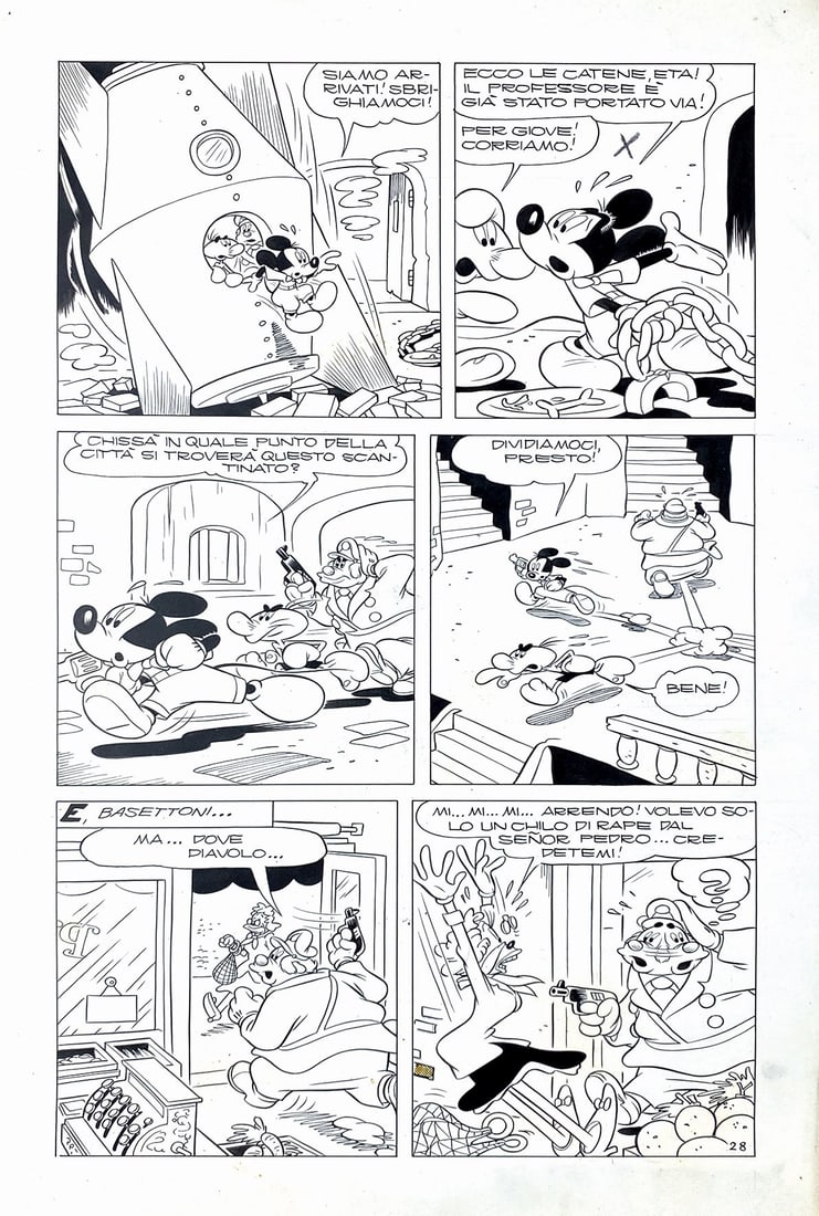 SCARPA - Top. e la Nave del Microcosmo: ROMANO SCARPA - Topolino e la Nave del Microcosmo. Tavola originale n. 28 per la storia scritta e disegnata da Scarpa; inchiostri di Luciano Gatto. Pubblicata in Topolino libretto n. 167, Mondadori, 1