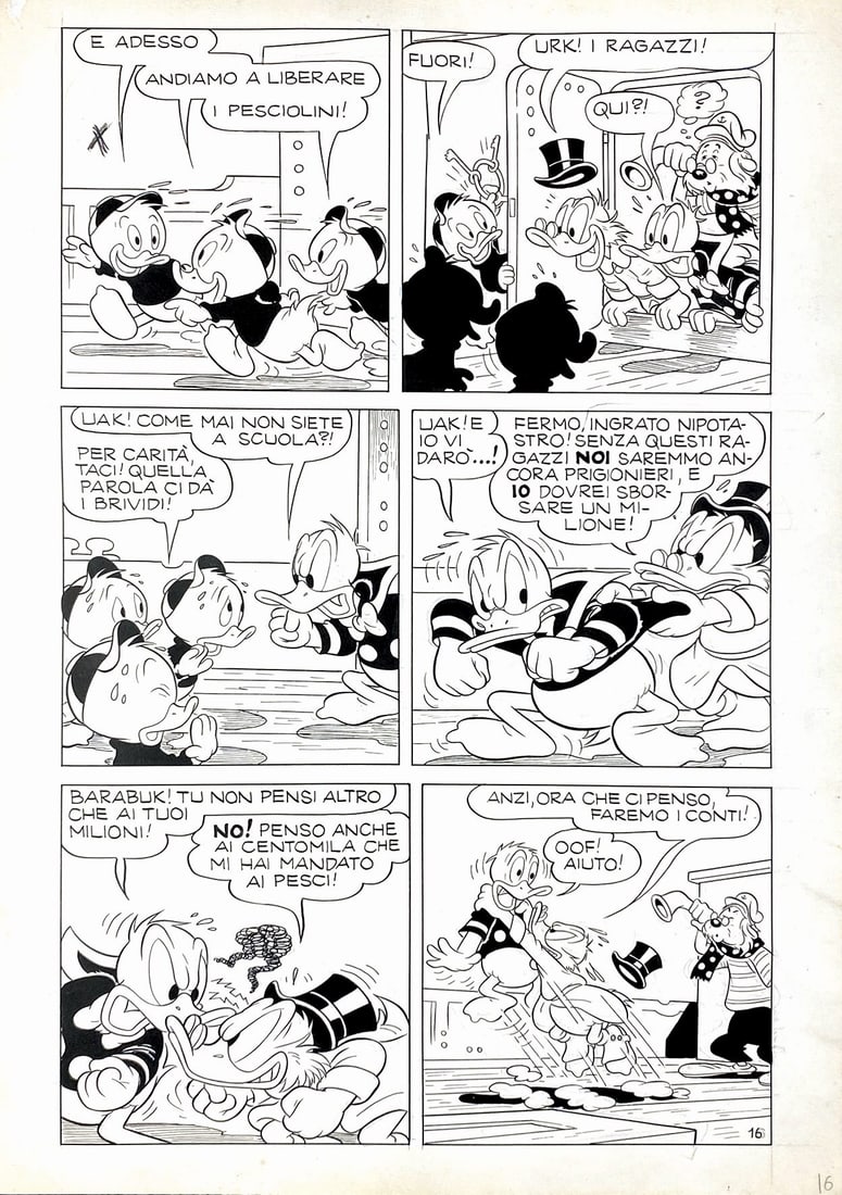 SCARPA - Paperino e la Scuola dei Guai: Tavola originale n. 16 per la storia scritta da Guido Martina e disegnata da Scarpa; inchiostri di Luciano Gatto. Pubblicata in Topolino libretto n. 196, a pag. 18, Mondadori, 1958. Matita e china su